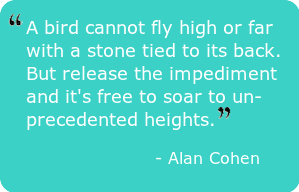 A bird cannot fly high or far with a stone tied to its back. But release the impediment and it’s free to soar to unprecedented heights. – Alan Cohen